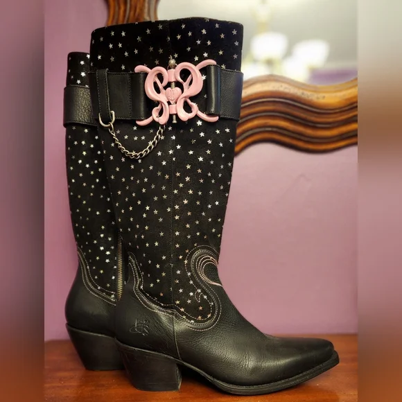 John Fluevog Autry Kay Tall Western Boots in Black Stars - Picture 1 of 13
